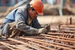 Construction worker Making Reinforcement steel rod and deformed bar with rebar at construction site