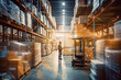 blur movement of worker in warehouse interior with shelves, pallets and boxes