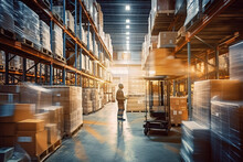 Blur Movement Of Worker In Warehouse Interior With Shelves, Pallets And Boxes
