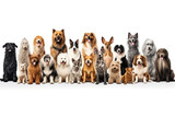 Fototapeta Fototapety ze zwierzętami  - Art collage made of funny dogs different breeds posing isolated over white studio background. Concept of motion, action, pets love, animal life. Look happy, delighted. Copyspace for ad, flyer