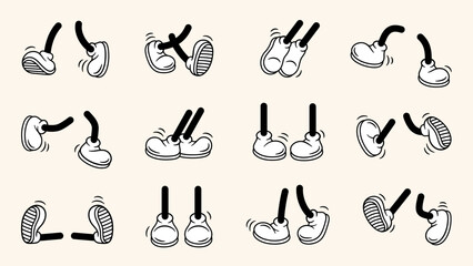 vintage retro feet and boot vector collection. comic retro feet in different poses, leg standing, wa