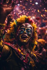 the carnival parade with people dressed in colorful costumes, confetti floating around
