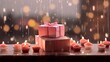 Beautiful gift box with candles on table against defocused blurry boke lights and rain outside the window .