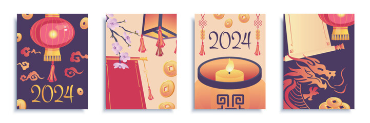 Wall Mural - China Christmas 2024 cover brochure set in flat design. Poster templates with chinese new year symbols, red lanterns, sakura flowers, golden coins, candles and zodiac Dragon. Vector illustration.