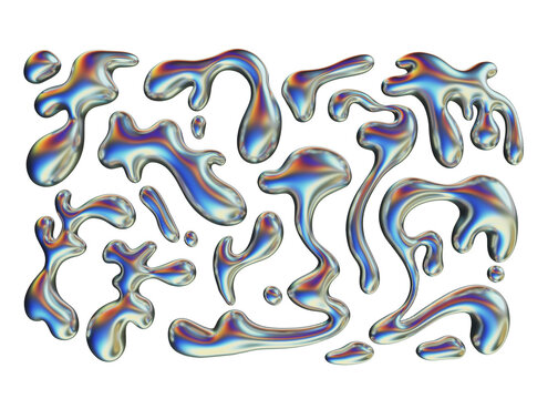 3D liquid chrome set, y2k acid melted abstract metal shapes, aluminium reflection droplet element. Fluid futuristic glossy chromatic collection, cyber metallic silver shiny drops. Liquid chrome icon