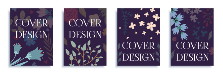 Aufkleber - Flowers and plants cover brochure set in flat design. Poster templates with dark wildflowers, abstract daisy, herbs, leaves on twigs and branches. Elegant blossom bouquets cards. Vector illustration.
