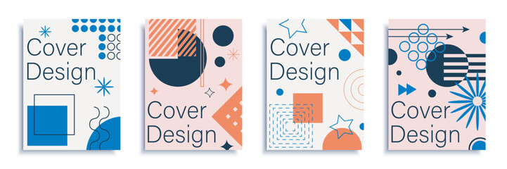 Canvas Print - Geometric cover brochure set in flat design. Poster templates with abstract simple minimal forms of squares, circles, stars, arrows, dots and halftone prints, curves and lines. Vector illustration.
