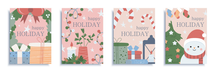Wall Mural - Happy holiday cover brochure set in flat design. Poster templates with festive decor, wreath, gifts, light garlands, lantern, candies, tree with toys, snowman in Santa Claus hat. Vector illustration.