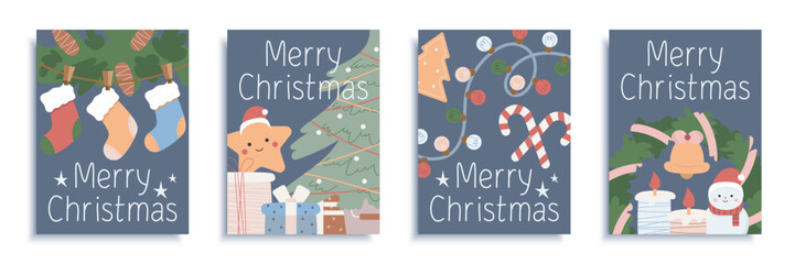 Poster - Merry Christmas 2024 cover brochure set in flat design. Poster templates with fir branches with pine cones, socks for Xmas gifts, festive tree, garlands, other holiday decor. Vector illustration.