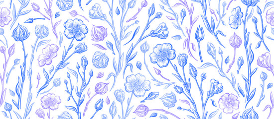  Flax flower, linen seamless pattern. Botany sketch