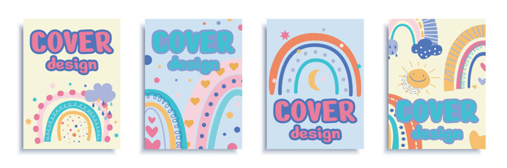 Aufkleber - Cute rainbows cover brochure set in flat design. Poster templates with hand drawn doodle arcs with hearts, sun, moon, rainy clouds and colorful elements in scandinavian style. Vector illustration.