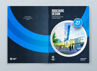 Wall Mural - Brochure template layout design. Dark Blue Corporate business annual report, catalog, magazine, flyer mockup. Creative modern bright concept circle round shape