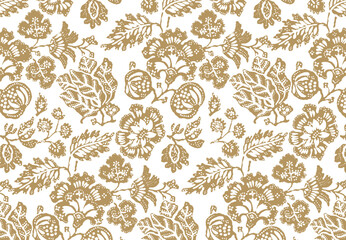  Indian Ornament. Floral Botanical Pattern. Gold Foliage on White Background. Linocut Print. Vector illustration. Fabric and Textile Wallpaper. Folk Rustic Golden Decor.