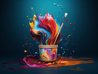 Wall Mural - Paintbrush dipped in a can, splashing vibrant colourful paint against a dark backdrop.