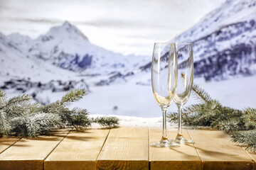 Poster - Desk of free space empty glasses. Winter landscape of mountains. 