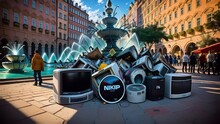 Dump Of Old TVs In The City Square Near The Fountain