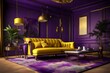 close up view, living room,with luxury things, wall colour is yellow, room roof colour is purple and green.