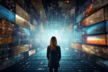 Person stands among information flows, the space around him is filled with various text data and digital data, Information overload, Digital transformation concept.