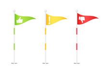 Red, Green And Yellow Golf Flags Isolated On Background. Triangular Vector Waving Flags Fluttering On A Stick. Flags Of The Golf Course. Golf Flags. Isolated Colored Flags Set. Vector Illustration