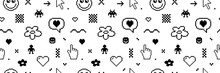 Pixel Y2k Retro Seamless Pattern. 8bit Icons Abstract Icon Flower Heart Checkerboard Cursor Hand.