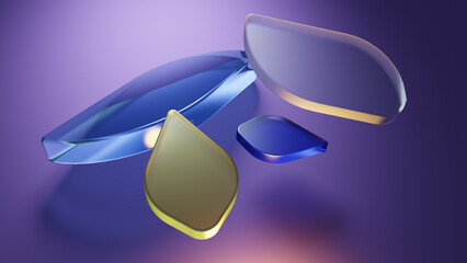 Aufkleber - 3D rendered illustration with glass shapes in blue and yellow colors. A minimal abstract scene with geometrical forms on a bright background. Set of Geometric shapes in a dynamic composition.