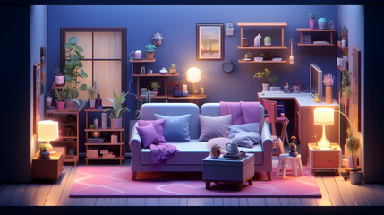 Tiny Cute Pink isometric living room in a cutaway box, Soft smooth lighting Bedroom, Soft colors, Purple and blue color scheme, soft colors, Night and Day RoomGenerated with AI.