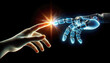 A symbolic moment as a human hand bestows consciousness upon an AI, sparking a flash of lightning