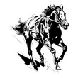 A black and white drawing of a free running horse