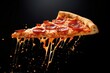 © GalleryGlider - Template with delicious tasty slice of pepperoni pizza flying on black background.