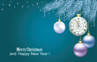 Happy New Year background with clock and colorful Christmas balls on fir branches. Holiday poster, greeting card with place for your text. 3D vector illustration.
