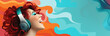 © aninna - colorful banner with a laughing girl with bright red hair listening to music with headphones