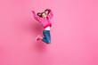 Full length photo of charming glamour girl champion stylish denim clothes scream yes hooray empty space isolated on pink color background