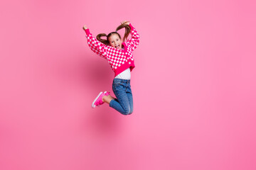 Poster - Full length photo of charming glamour girl champion stylish denim clothes scream yes hooray empty space isolated on pink color background