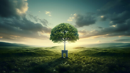 Wall Mural - opened door on green feild and start up concept,generated ai