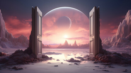 Wall Mural - opened door on planets unknown and start up concept,generated ai