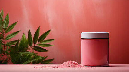 Wall Mural - pink clay powder and tin can mockup on bright pink clean background,generated ai