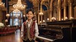 A smiling boy dressed in a stylish ensemble in a large music hall with ornate architecture. Elegant chandeliers, intricate details and a grand piano.