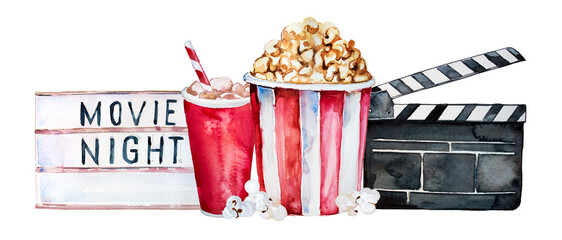 Movie night sign,soda, a bucket of pop corn and clapper. Watercolor hand painted cinema concept illustration. Enterteinment themed design. 