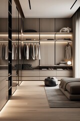 Wall Mural - Walk-in closet with a minimalist design and neutral color palette AI generated illustration