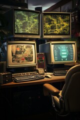 Poster - Detail of a programmers workspace with dual computer monitors  AI generated illustration
