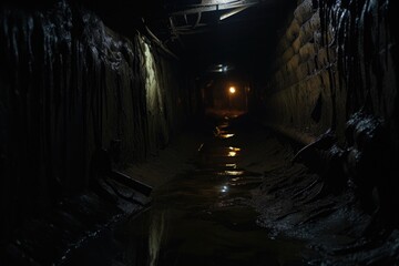 Poster - A picture of a dark tunnel with a faint light shining at the end. This image can be used to represent hope, overcoming challenges, or a journey towards a goal.