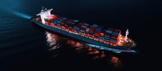 Poster - Nighttime aerial view of cargo ship at sea copy space image