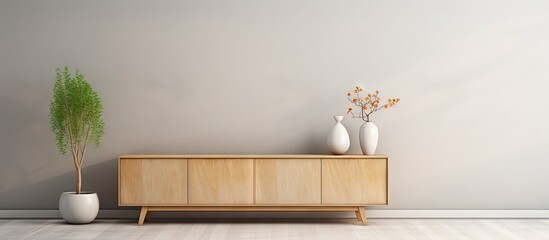 Poster - Modern grey living room with corner sofa white table and a vase on a long wooden cupboard copy space image