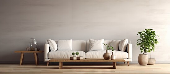 Poster - Modern wooden table and spacious living room in a new home interior design copy space image