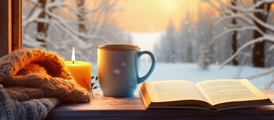 Aufkleber - Snowy landscape seen from inside through a vintage windowsill with a hot mug of tea and an open book on a warm plaid copy space image