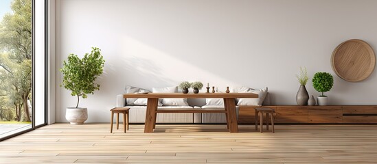 Aufkleber - Modern wooden table and spacious living room in a new home interior design copy space image