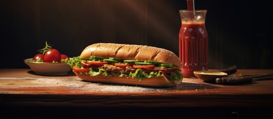 Poster - Sub sandwich and coke on table focused and space for copy copy space image