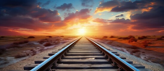 Poster - Sunset railway meets old tracks copy space image