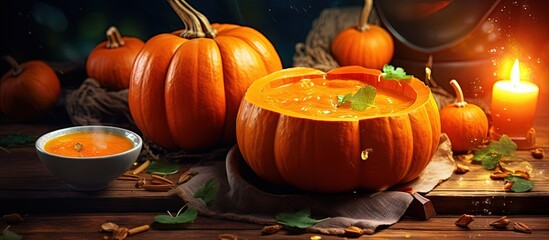 Aufkleber - Pumpkin soup presented in hollowed out pumpkins copy space image