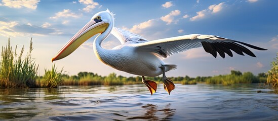 Poster - Pelican flying over water shows how climate change affects wildlife conservation copy space image